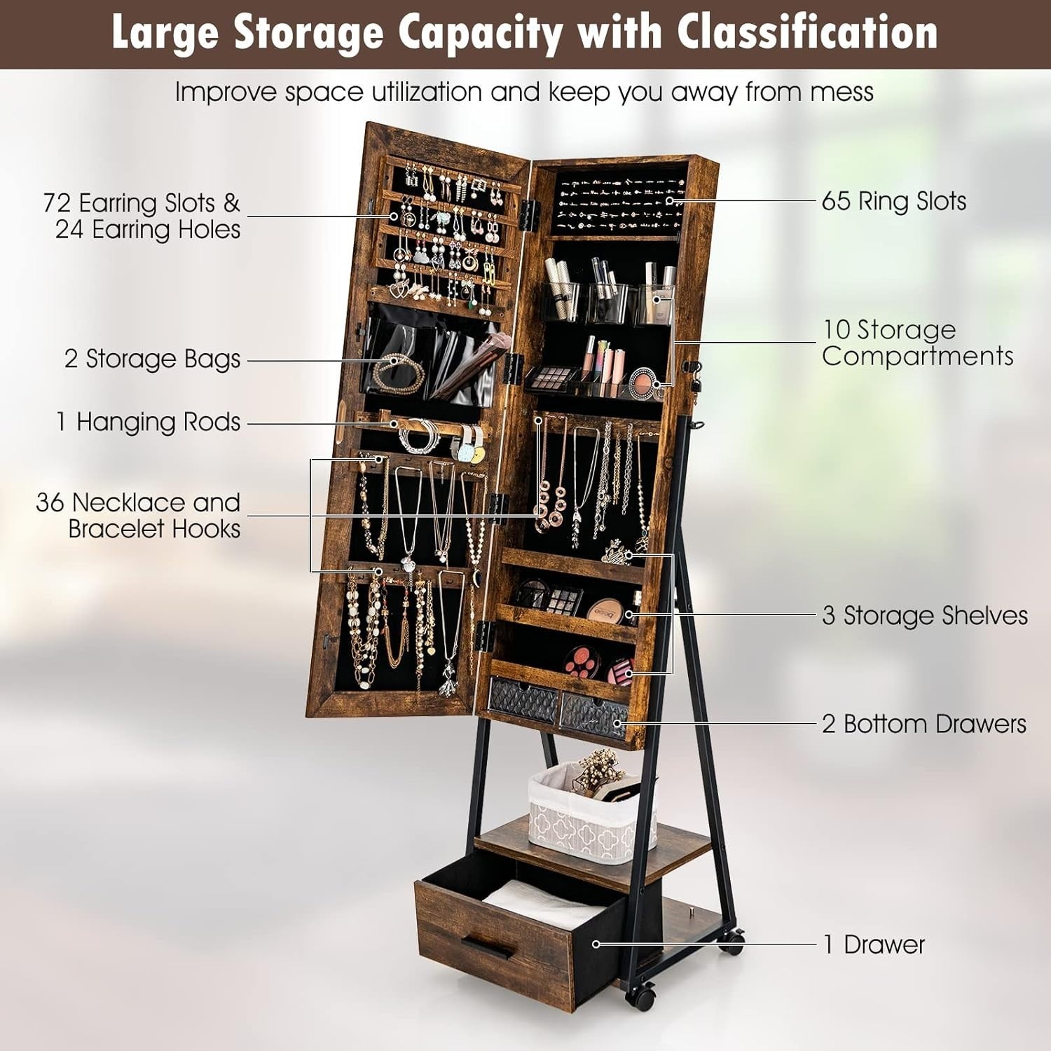 Mobile Jewelry Cabinet with Wheels Lockable Full Length Mirror Organizer