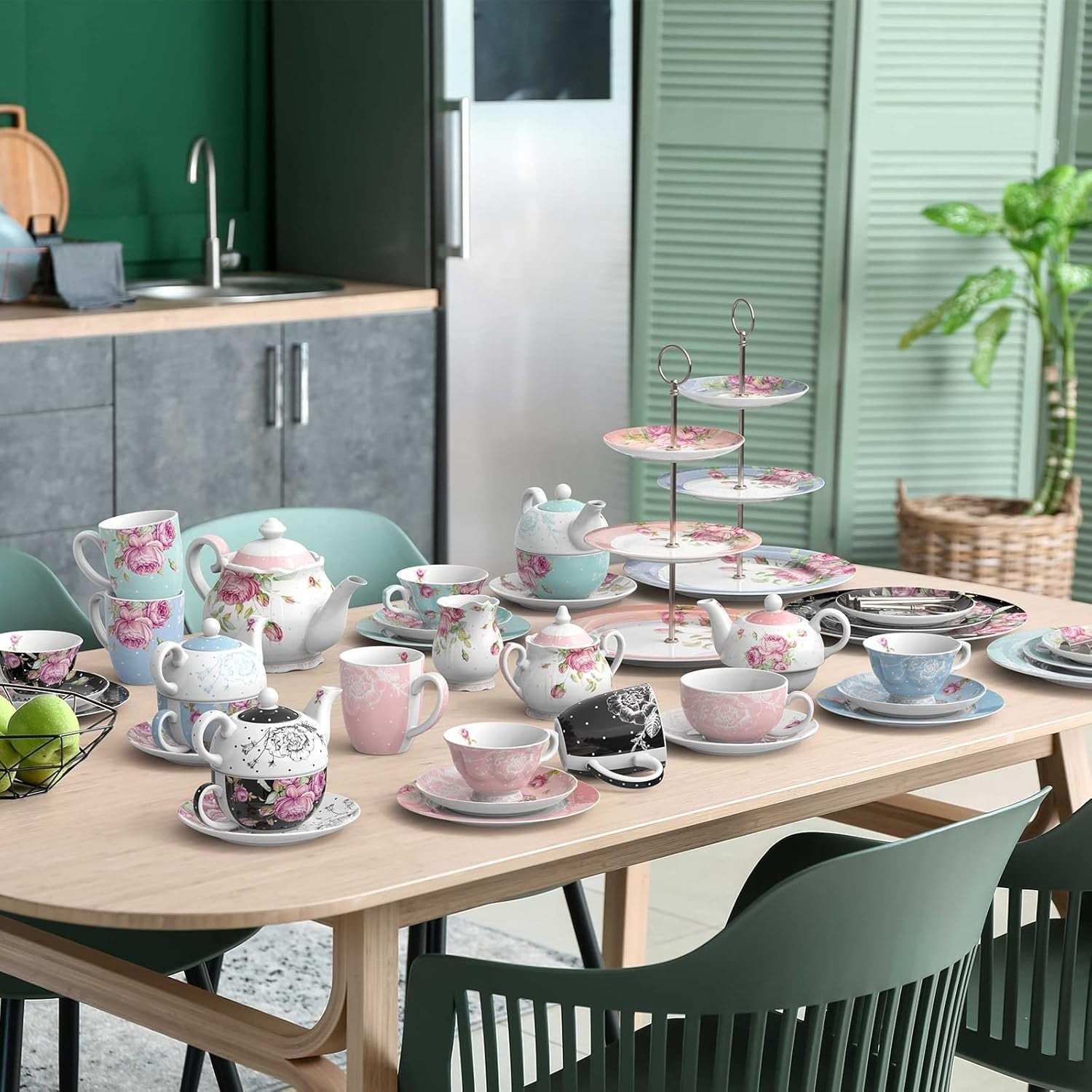 Tea for One Teapot Cup Saucer Set 350ml Vintage Floral Turquoise Gift