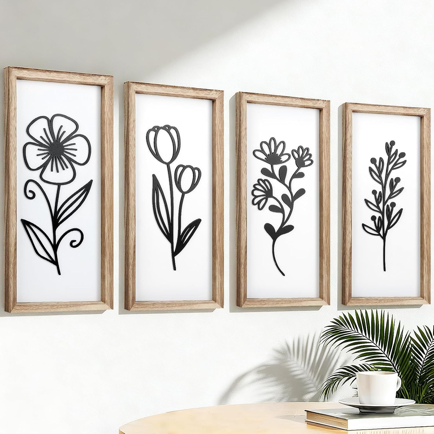 Large 3D Wooden Floral Wall Art Set of 4 Boho Frame Decor for Living Room