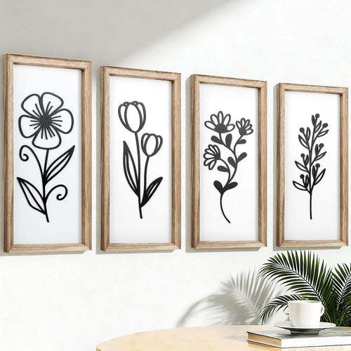 Large 3D Wooden Floral Wall Art Set of 4 Boho Frame Decor for Living Room