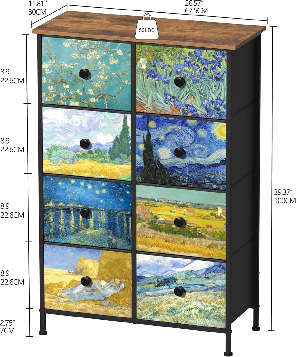 Van Gogh Style 8 Drawer Chest Dresser Fabric Storage Unit Bedroom