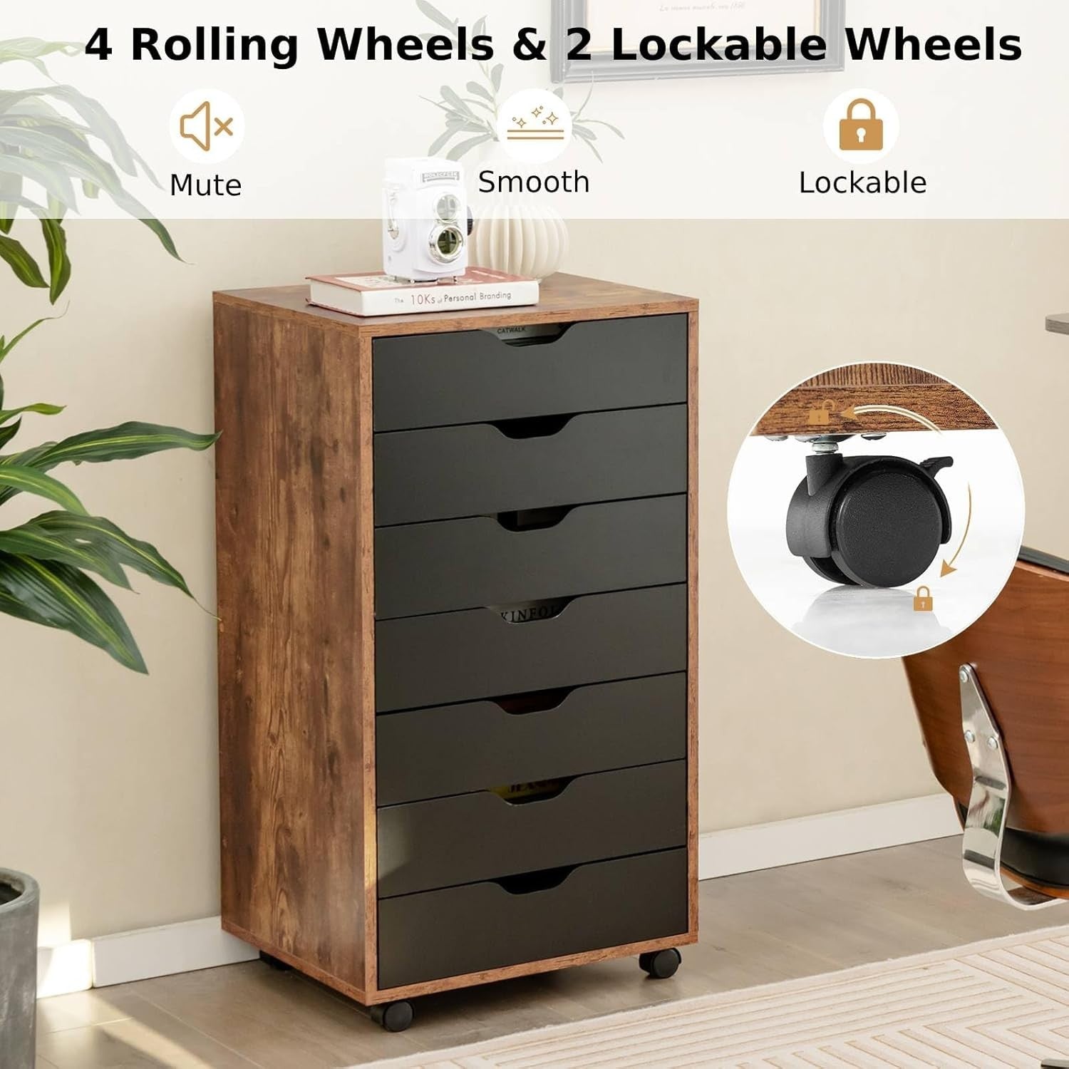 Rustic Mobile File Cabinet 7 Drawer Rolling Printer Stand Under Desk
