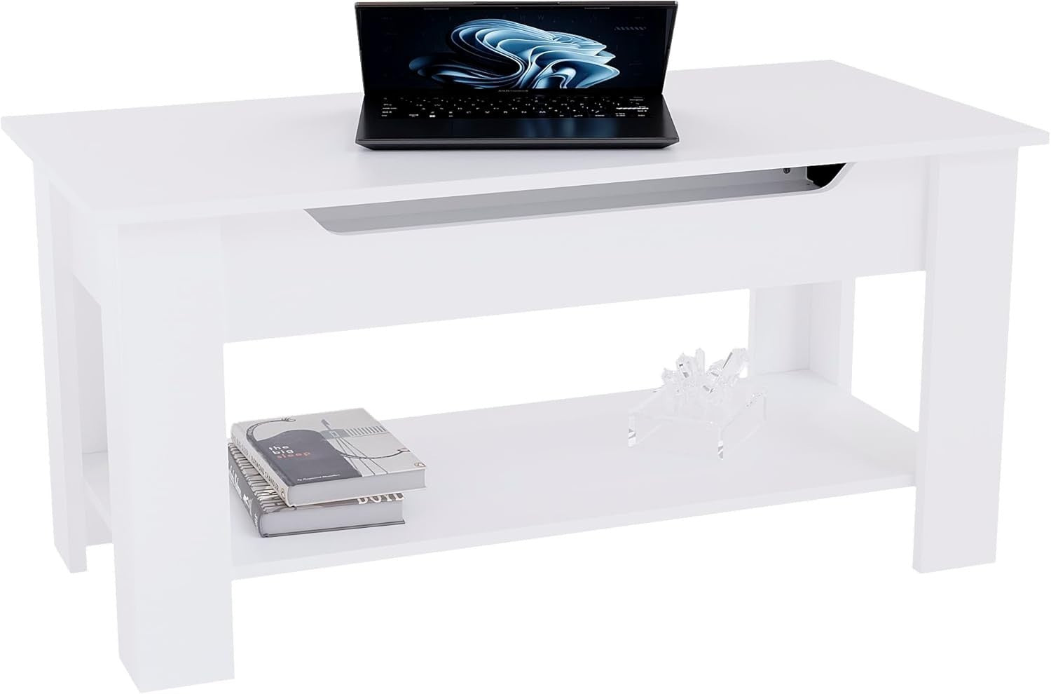 Lift-Up Coffee Table with Hidden Storage & Shelf White 100x48x48cm