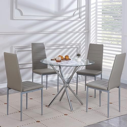 Round Glass Dining Table Set 4 Seater 90cm Silver Gray Faux Leather