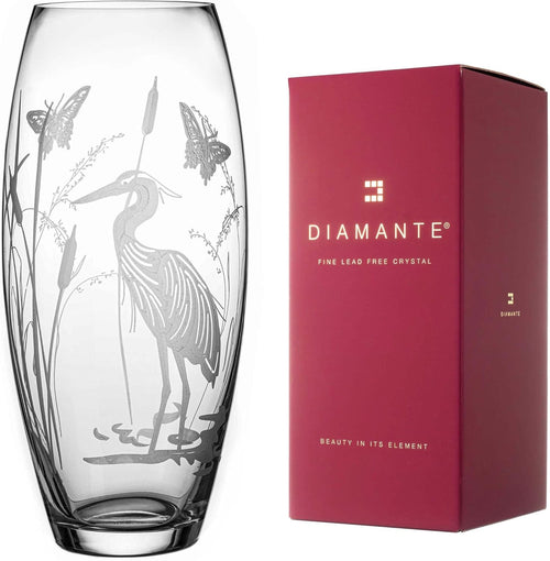 Crystal Glass Flower Vase 30cm Tall Etched Heron Bird Home Décor Gift