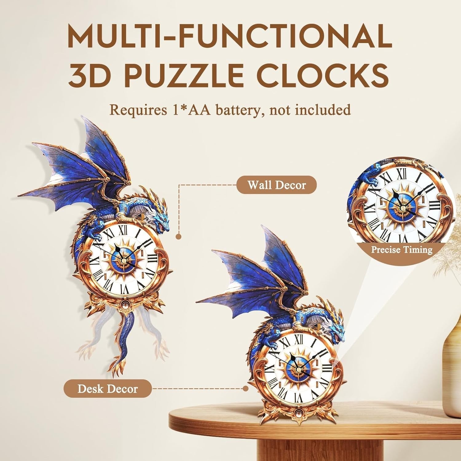 3D Blue Dragon Clock Puzzle Wooden Wall Art Timepiece Home Decor