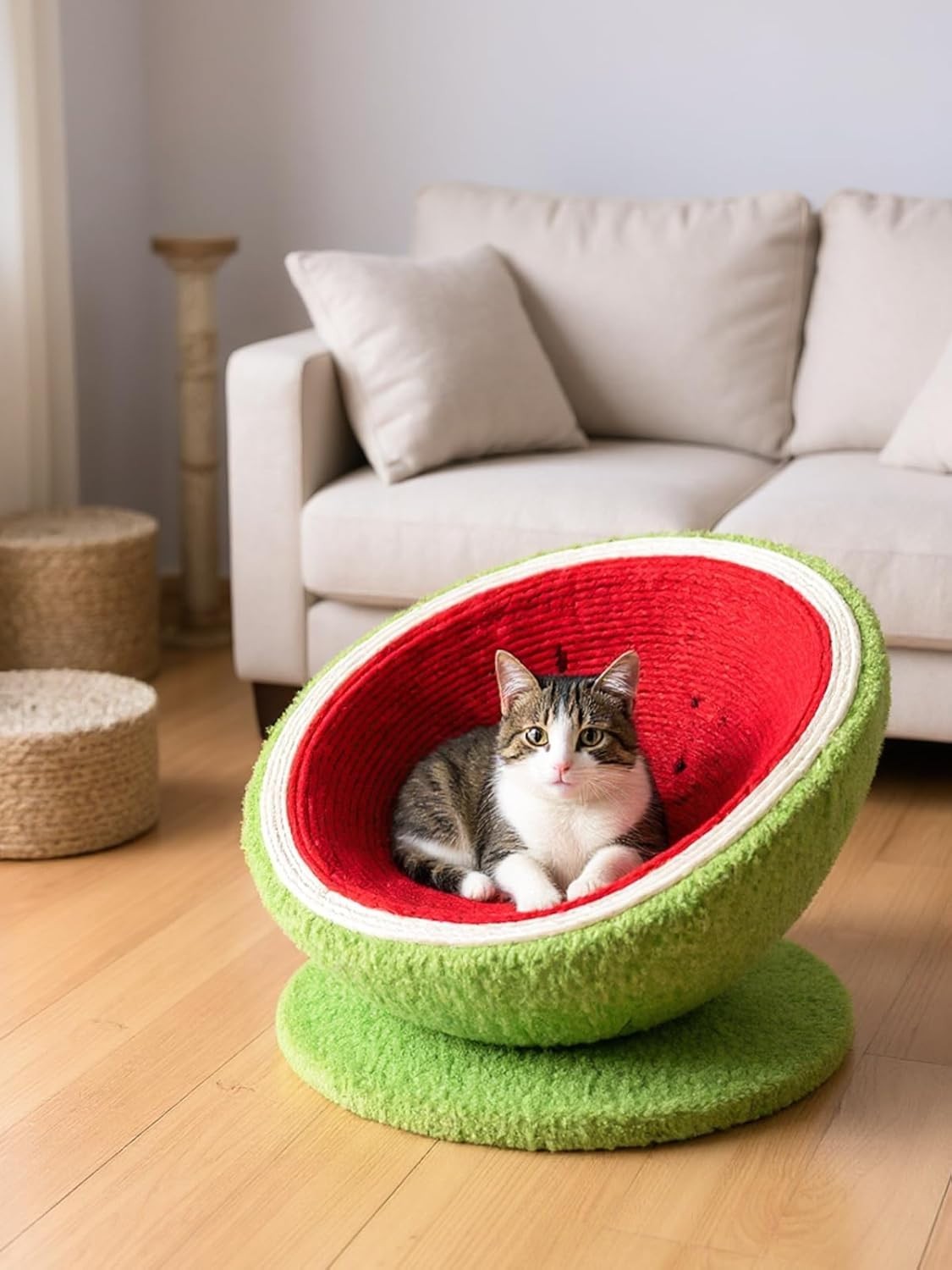 Watermelon Cat Bed Cave w Sisal Scratch Board Cozy Fruit Pet House