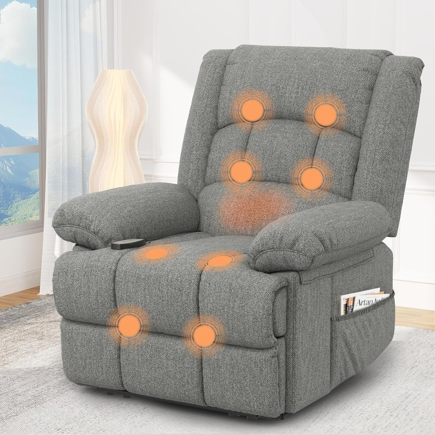 Manual Recliner Chair Massage Heat 135° Recline Footrest Dual Pockets Light Grey