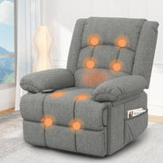 Manual Recliner Chair Massage Heat 135° Recline Footrest Dual Pockets Light Grey