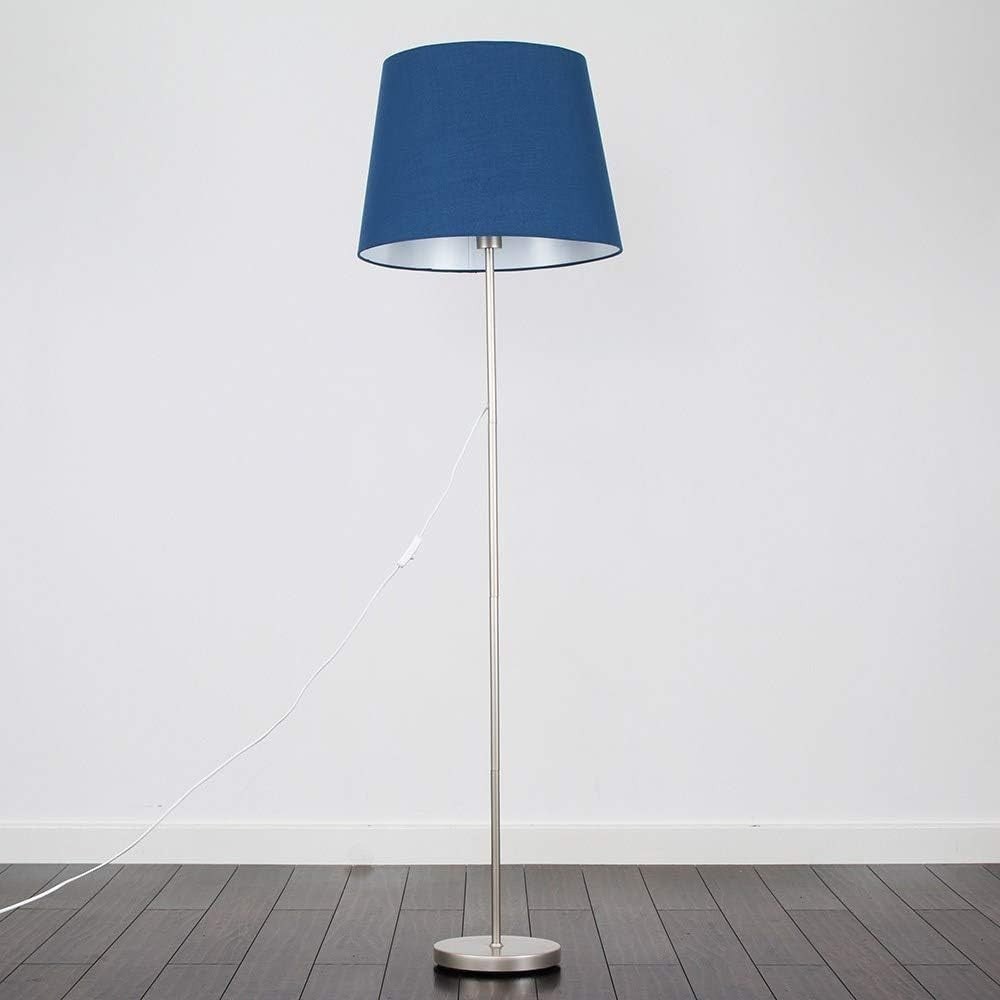 Modern Chrome Floor Lamp Large Navy Blue Tapered Shade LED Standing Light