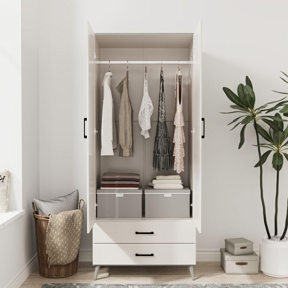 Modern Grey White Wardrobe 2 Doors 2 Drawers – Bedroom Clothes Storage