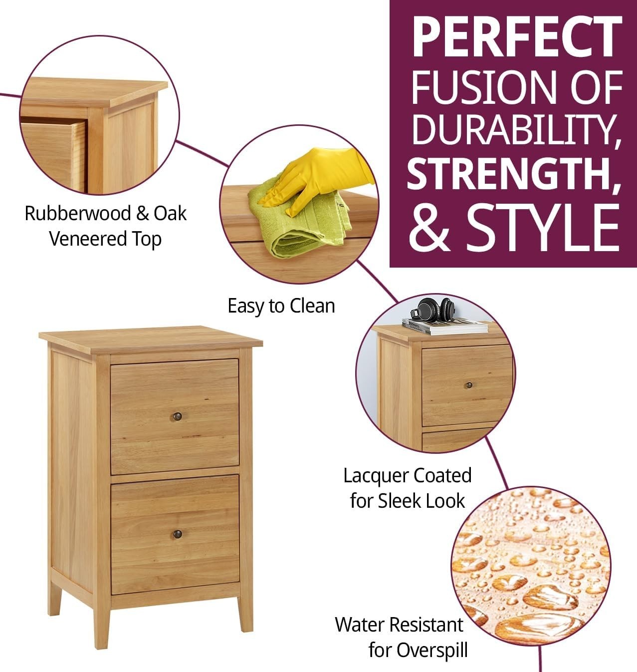 Oak Filing Cabinet 2 Drawer Wooden Office Pedestal Compact Storage