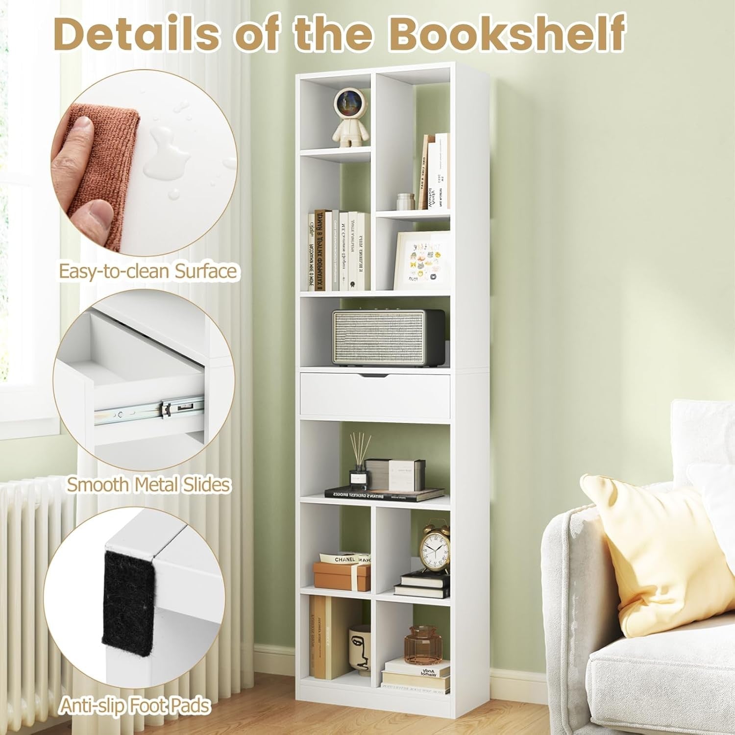 Tall Geometric Bookshelf with Drawer, 180cm Modern Display & Storage Unit