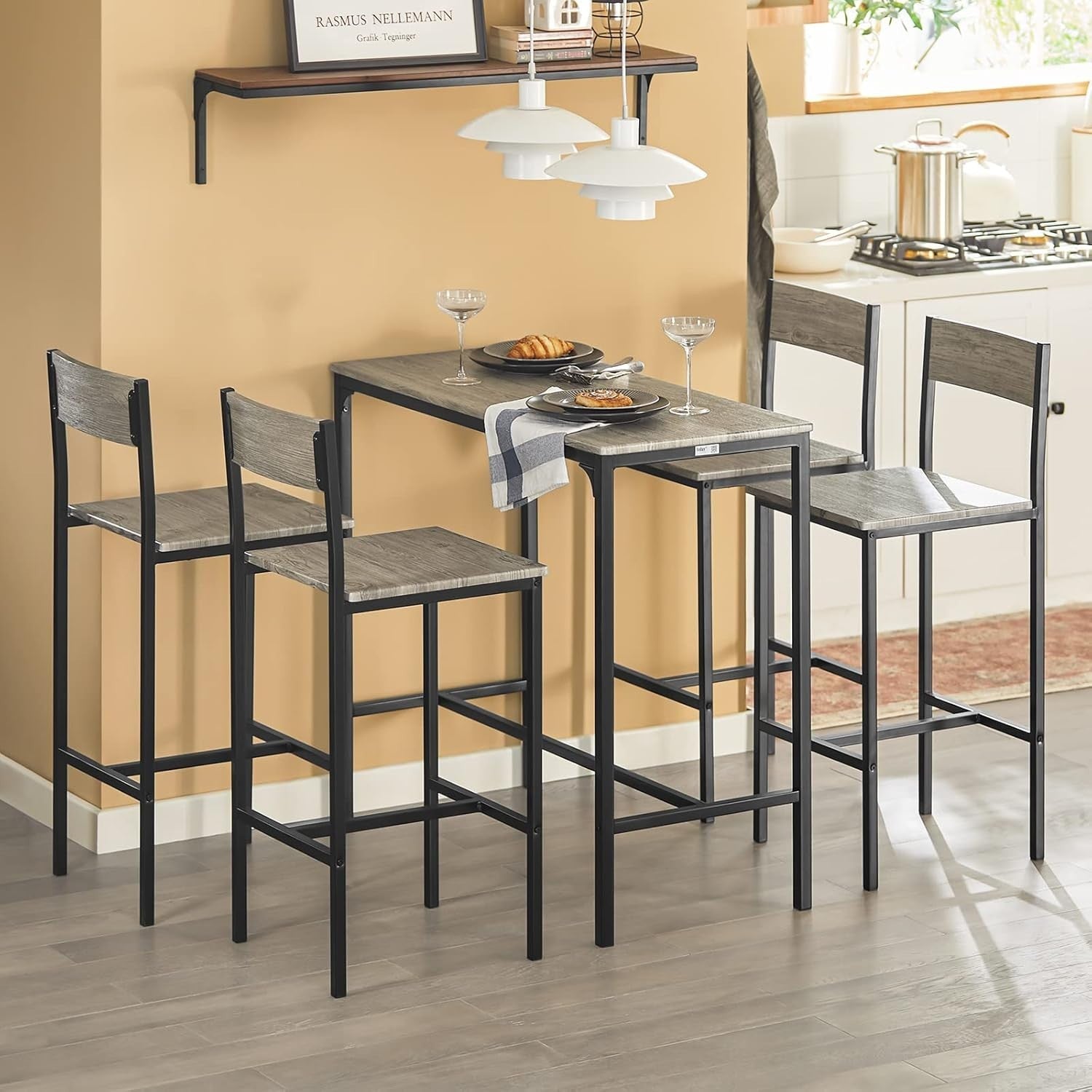 5-Piece Breakfast Bar Table Set w/ 4 Stools Industrial Dining Set Black Natural