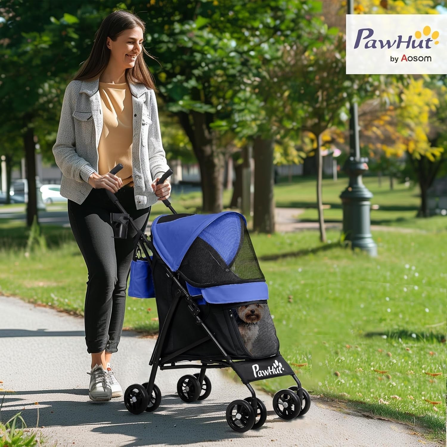 Compact Dog Stroller Pet Pushchair Foldable with Shoulder Strap Blue