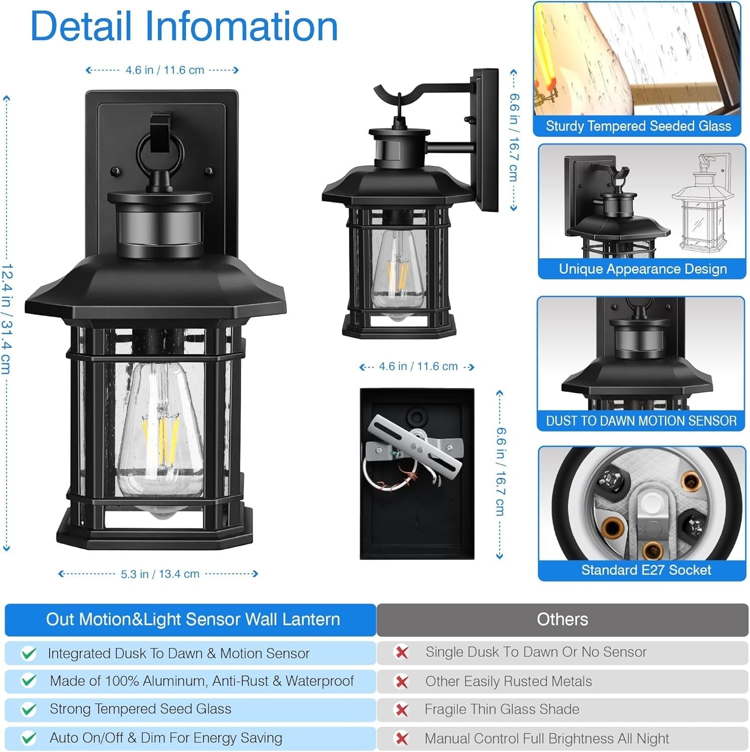 Modern Outdoor Wall Light with Motion Sensor, Waterproof Porch Lamp, Black