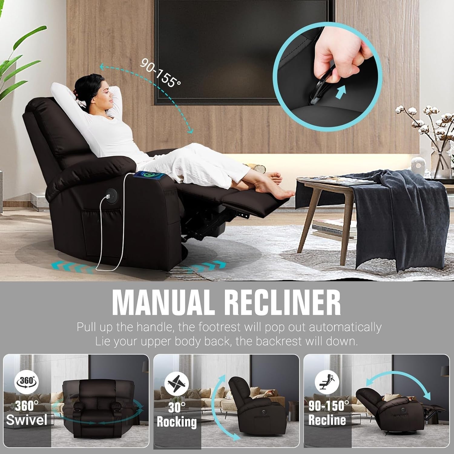 Swivel Rocker Recliner Massage Heat USB Type-C Charging Faux Leather Brown