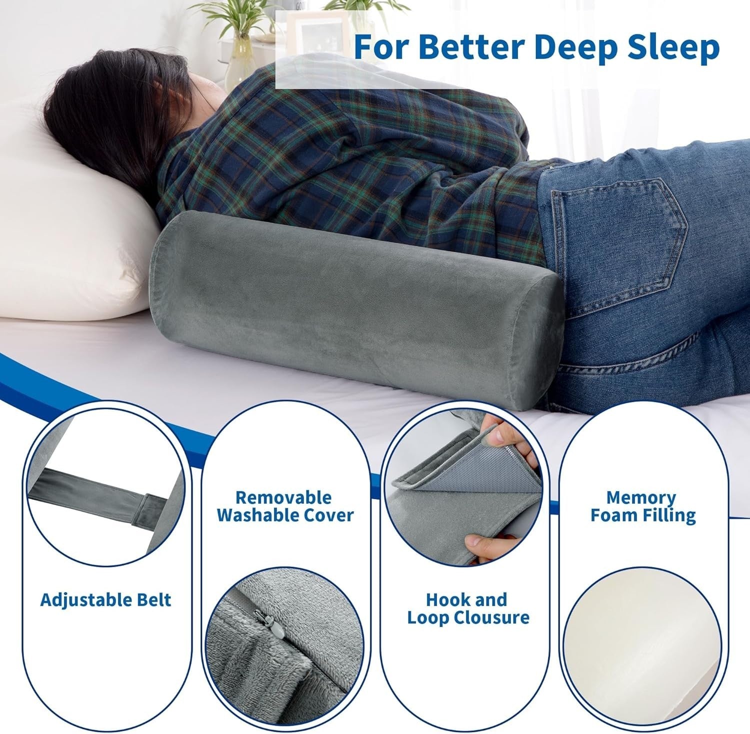 Side Sleeper Body Pillow Roll Bolster Memory Foam Back Support Cylinder Pillow