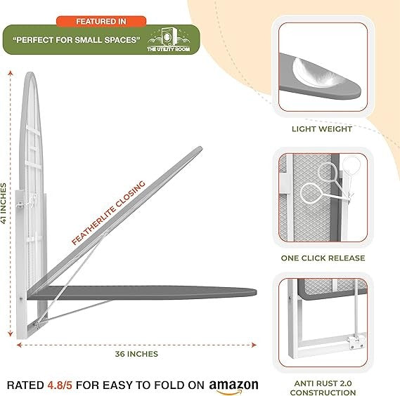 Wall Mounted Folding Ironing Board Compact Space Saving Fold Down Design