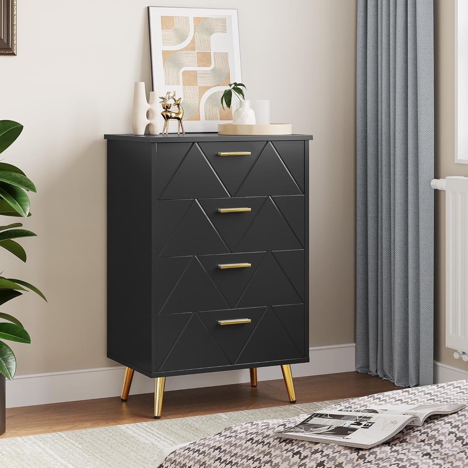 Black 4 Drawer Chest Bedroom Storage Cabinet Modern Wooden Organizer