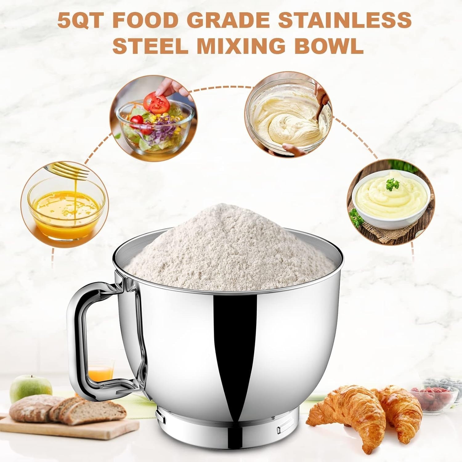 5QT 1000W Stand Mixer 8-Speed Tilt-Head Food Mixer Stainless Steel Black