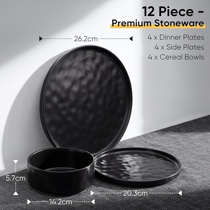 12pc Matte Black Stoneware Dinner Set Plates Bowls Modern Service for 4