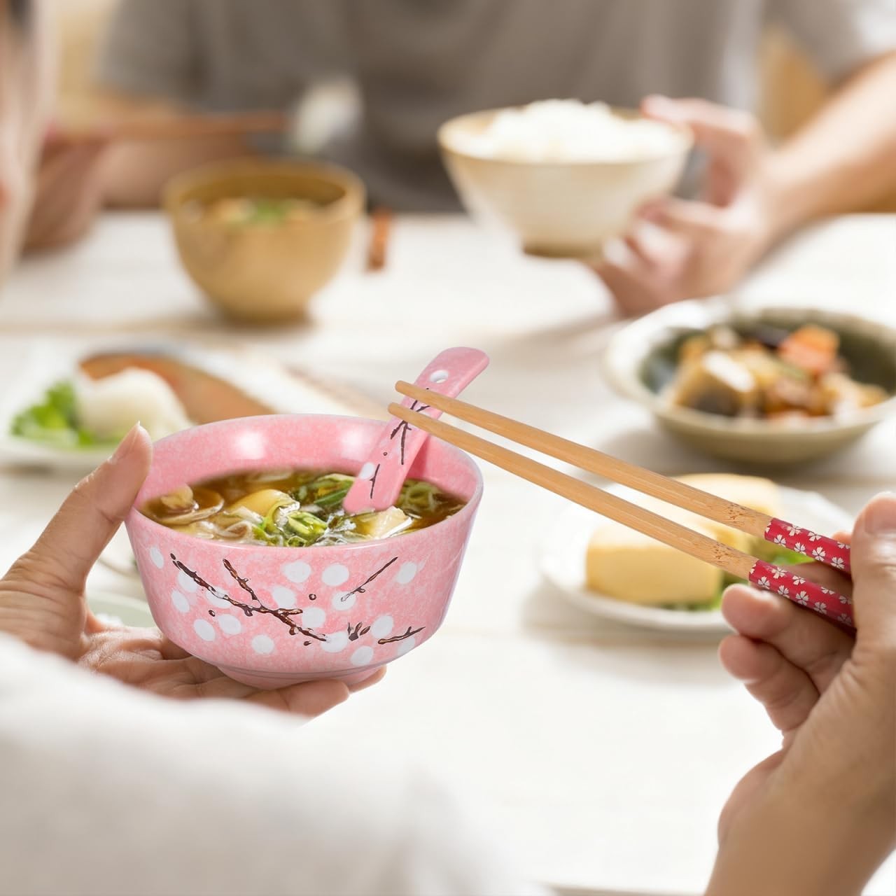 Japanese Style Ceramic Dinnerware Set Pink Bowl Plate Cup Spoon Chopsticks