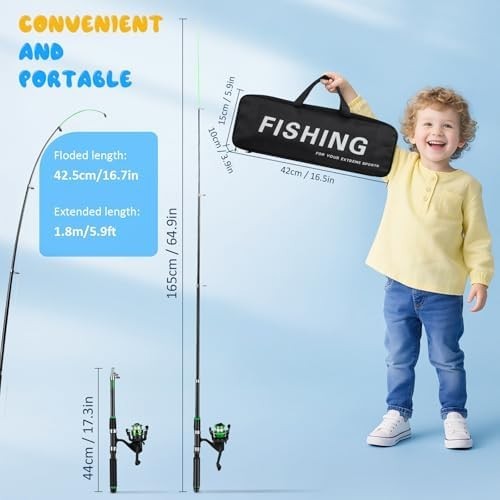 Kids Fishing Rod Set of 2 Telescopic Spinning Combo with Reel Lures Bag 1.8M