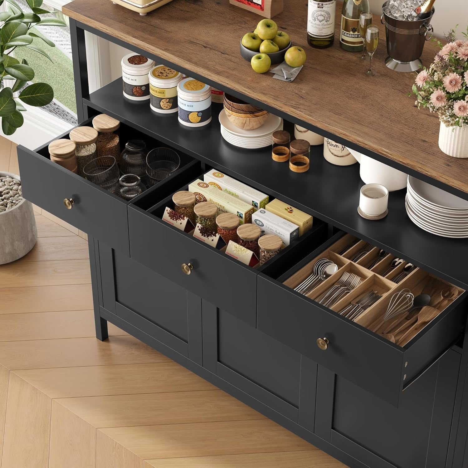 Black Sideboard Storage Cabinet 98.5cm Kitchen Cupboard Drawers Shelves