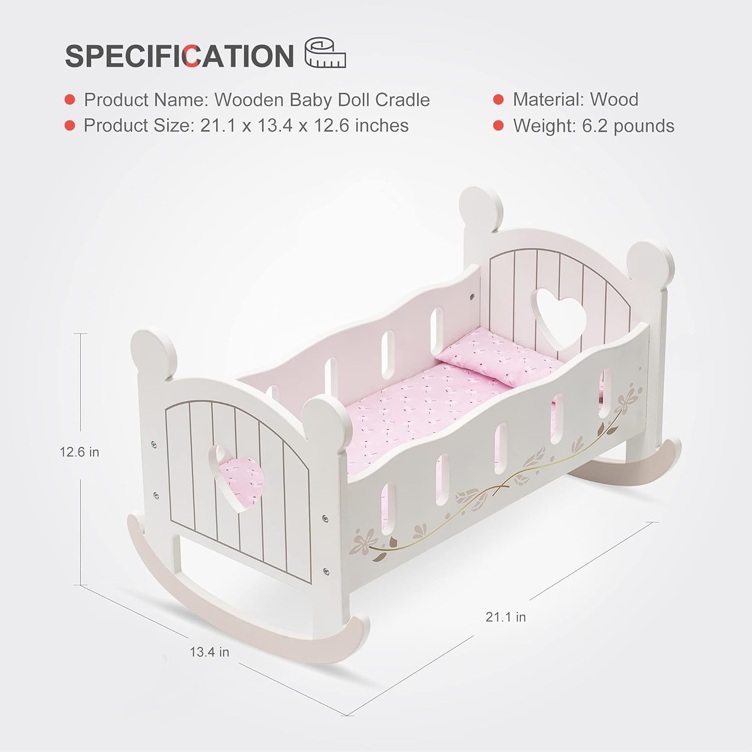 Wooden Doll Crib Bed with Bedding Rocking Cot Toy Furniture Gift for Kids