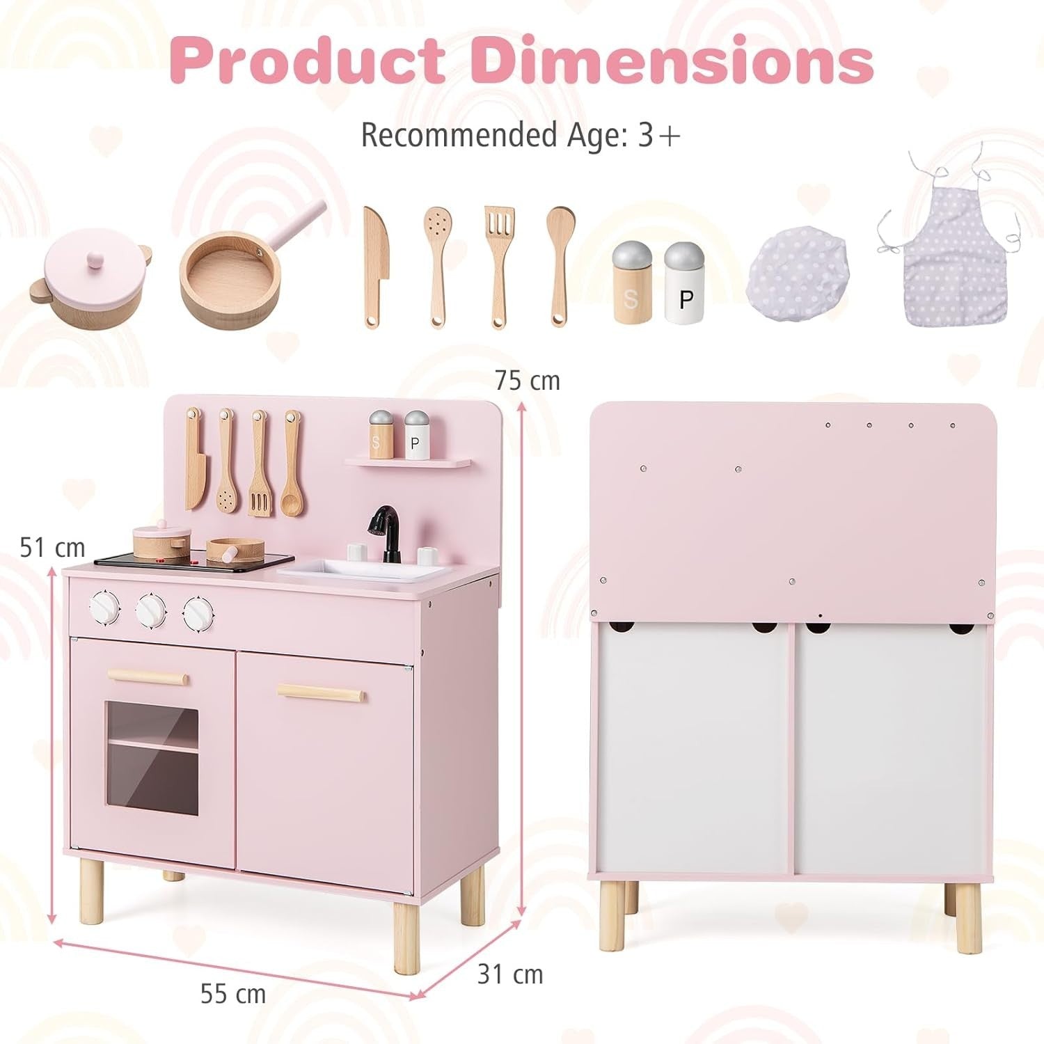 Wooden Kids Play Kitchen Pink Lights Sounds Oven Chef Toy Set