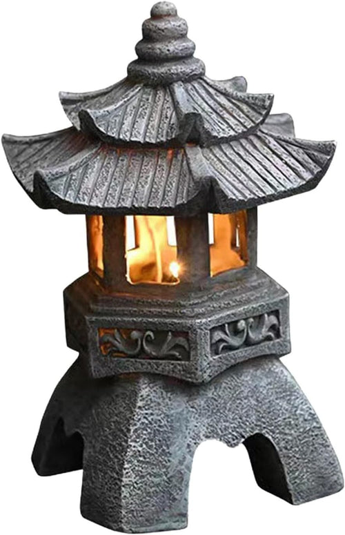 Japanese Garden Solar Pagoda Lantern, 10.4" Resin Zen Statue with LED Light