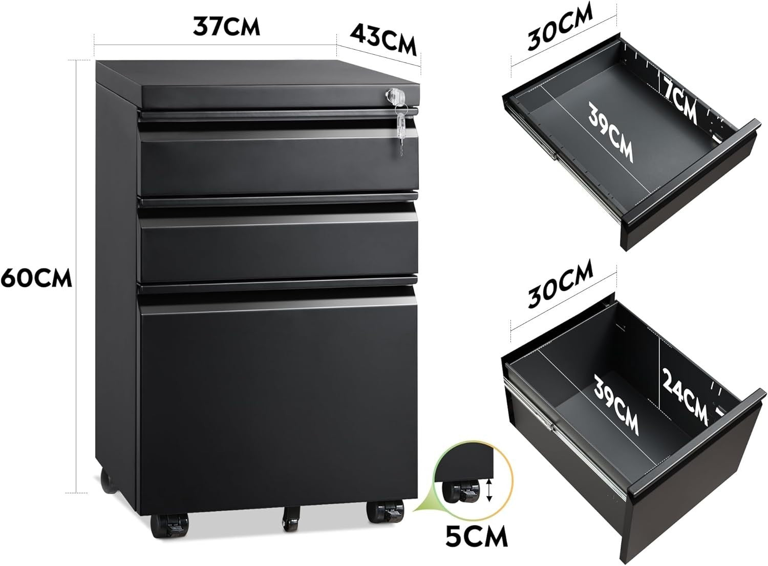 Black 3 Drawer Lockable File Cabinet 43x37x60cm Mobile Under Desk
