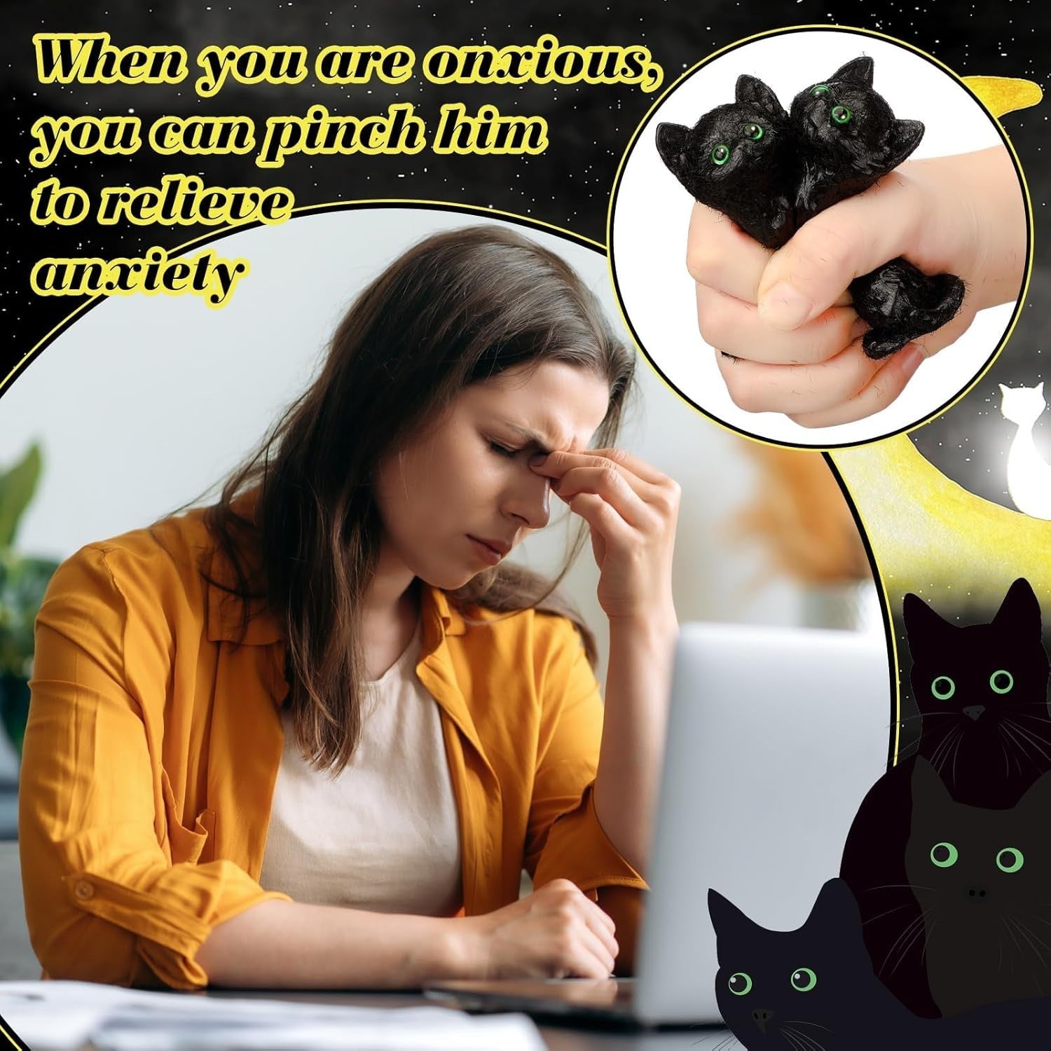 12pcs Black Cat Stress Balls Cute Squeeze Fidget Toys Halloween Gifts