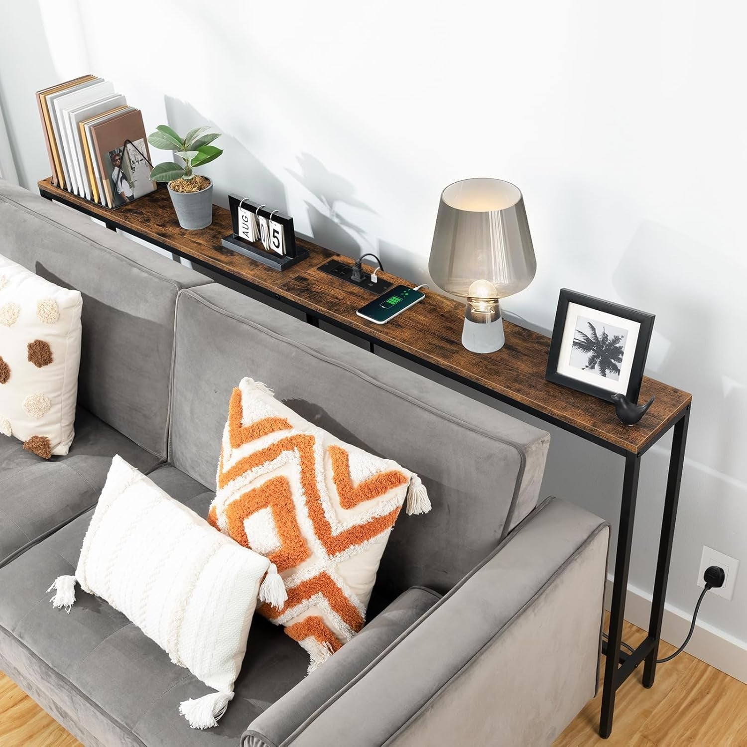 Narrow Sofa Console Table with USB & Power Strip, Rustic Wood, 180cm