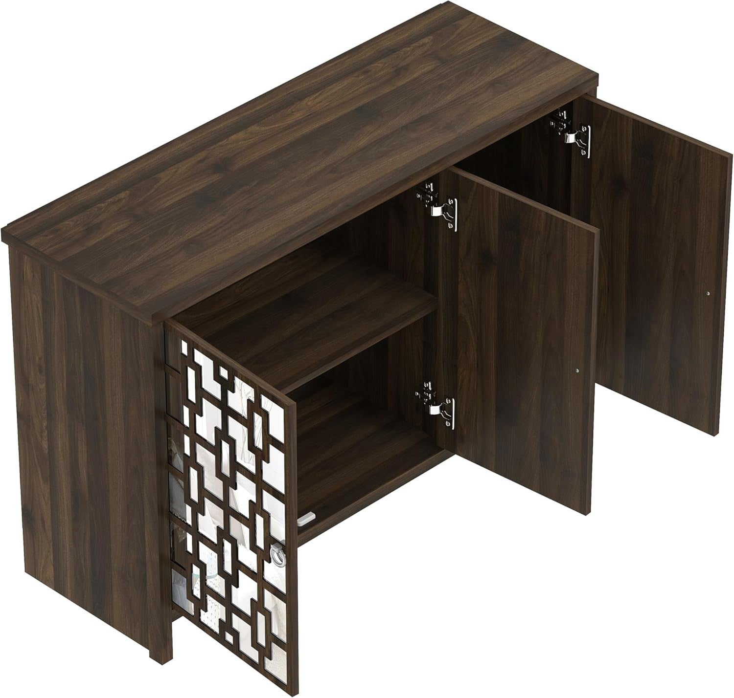 Mirrored Sideboard 3 Door Walnut Storage Cabinet Modern Hallway