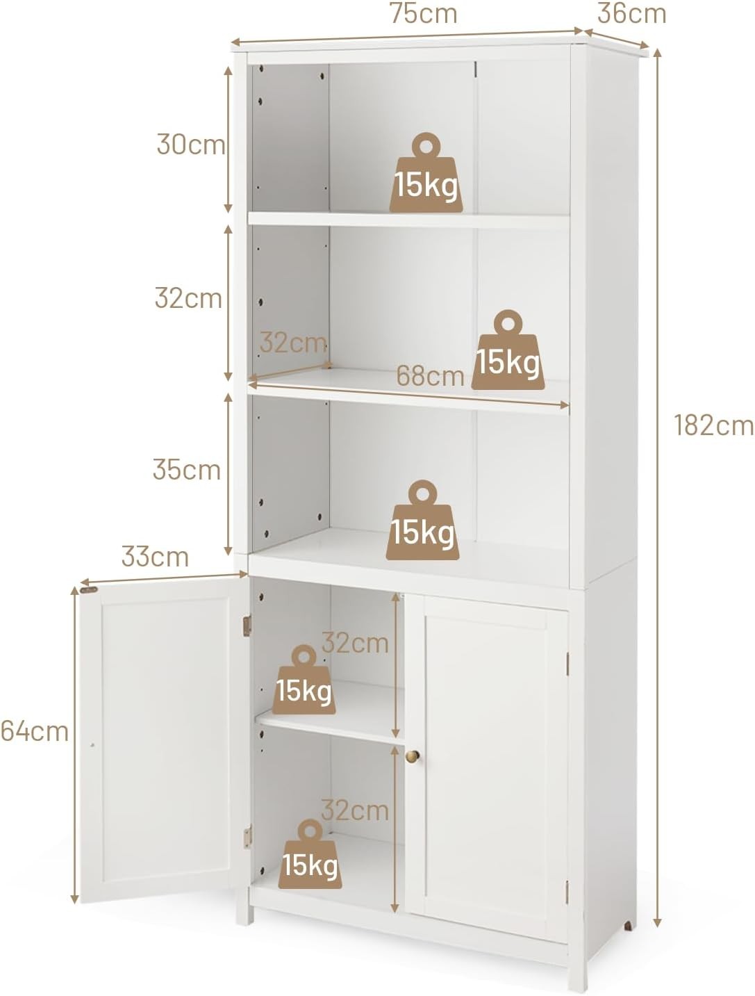 White 5-Tier Freestanding Bookcase with Cupboard, Adjustable Shelves, Tall