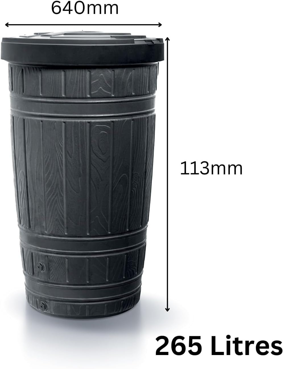 265L Wood Look Plastic Water Butt Tank with Lid – Garden Rain Collector Black