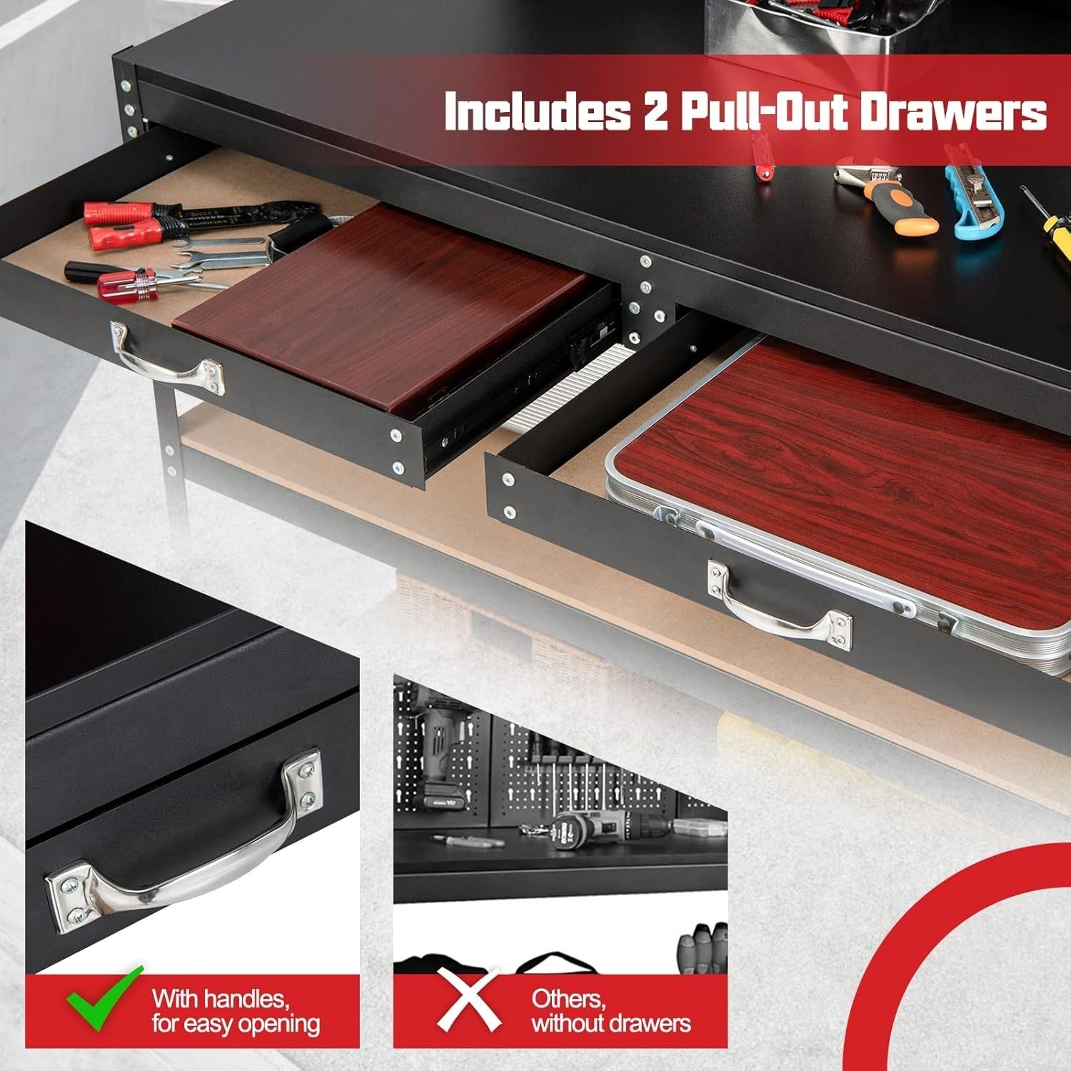 Heavy Duty Workbench 121x61x156cm Black+Red Pegboard 2 Drawers Shelves