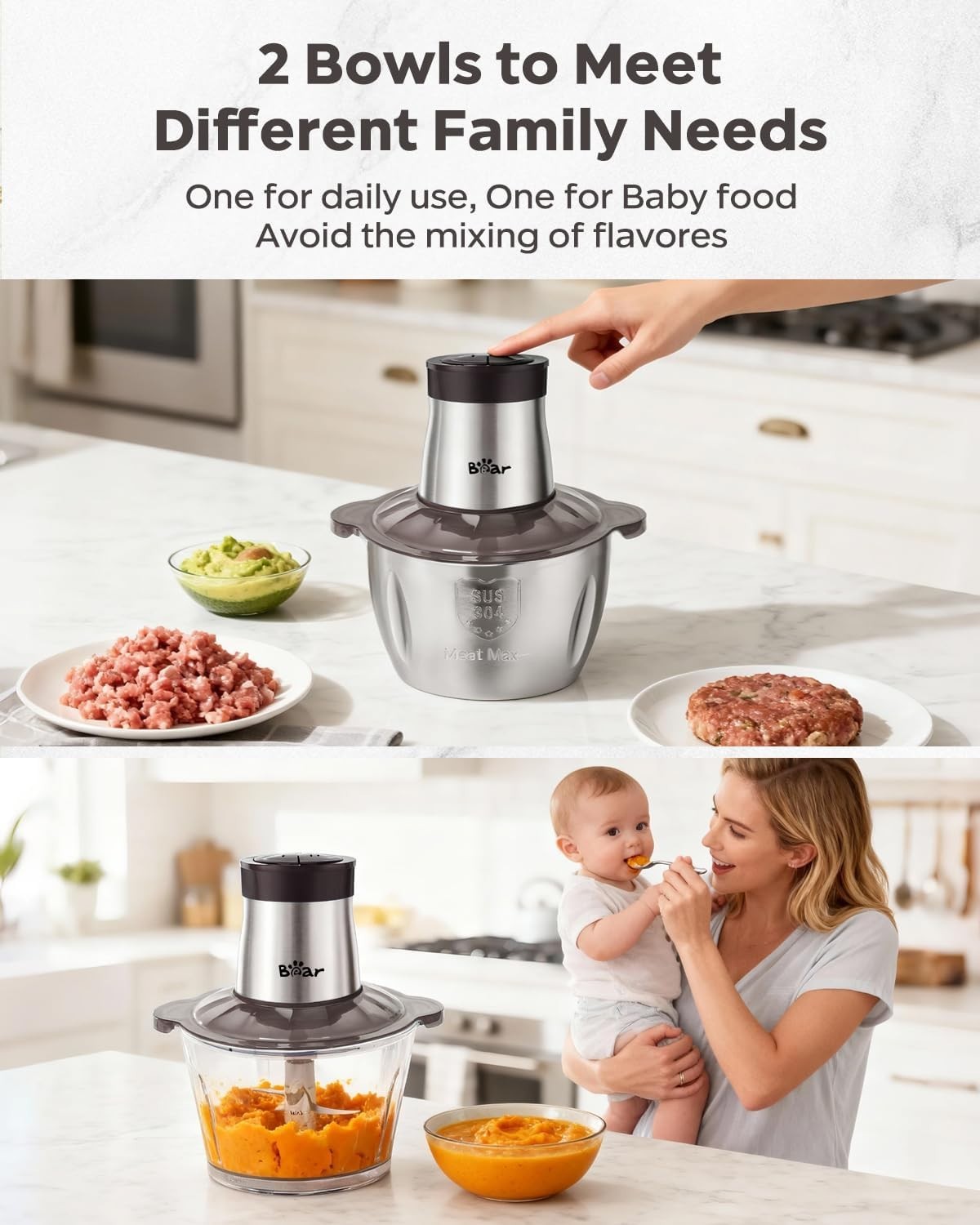 Electric Food Processor 2L 1.8L Meat Grinder Chopper 600W Dual Bowl