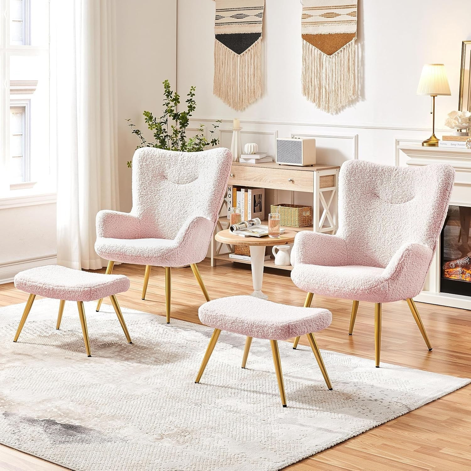 Boucle Armchair with Ottoman Set Pink Sherpa Tub Chair