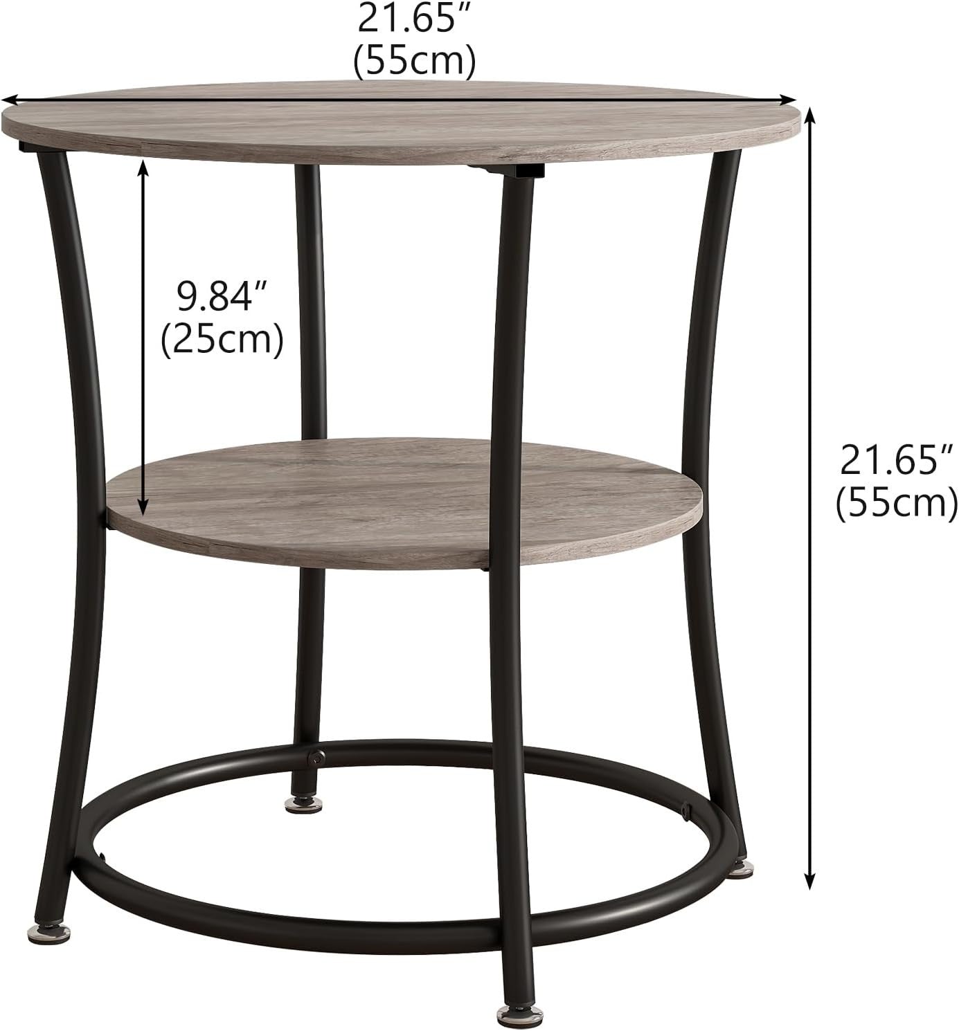 Round 2-Tier Side Table with Storage Shelves, Sturdy Metal Frame, Grey