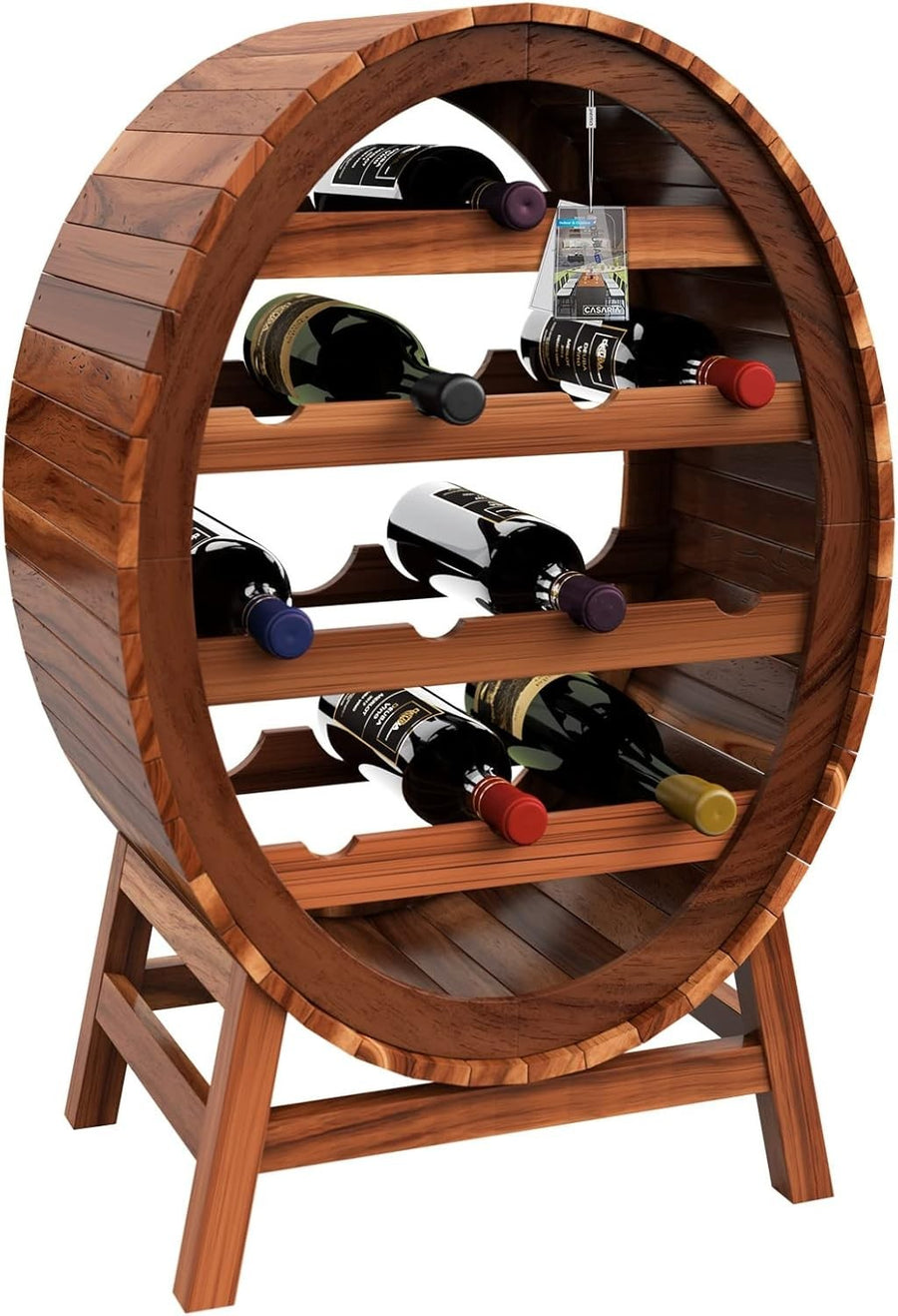 Rustic Barrel Wine Rack Solid Acacia Wood Holds 12 Bottles Floor Standing