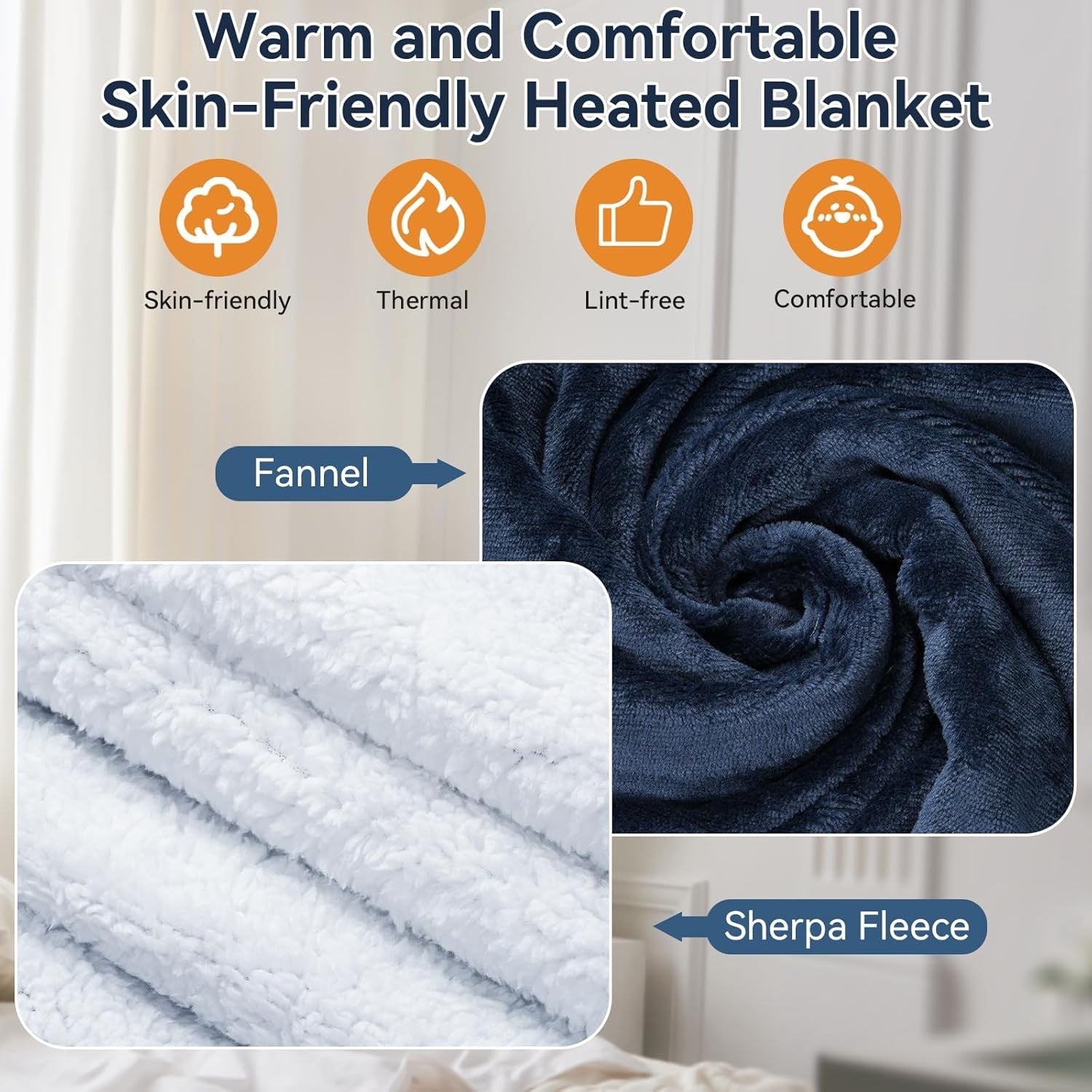 Electric Heated Throw Blanket 180x130cm Navy Blue 9 Heat LED Auto Off