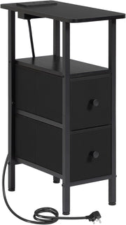 Slim Bedside Table with Charging Station, 2 Fabric Drawers & Open Shelf Storage