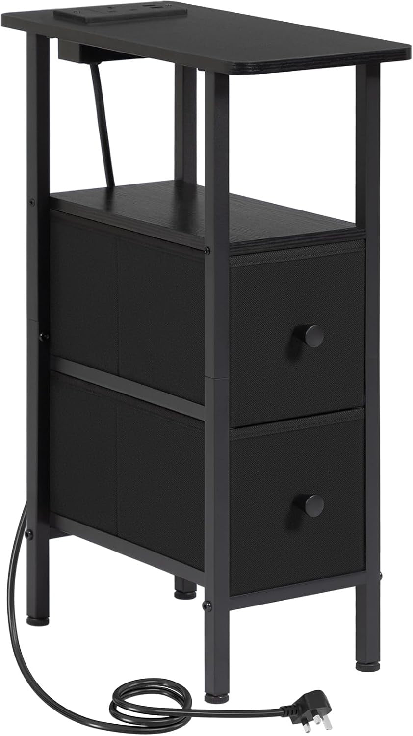 Slim Bedside Table with Charging Station, 2 Fabric Drawers & Open Shelf Storage