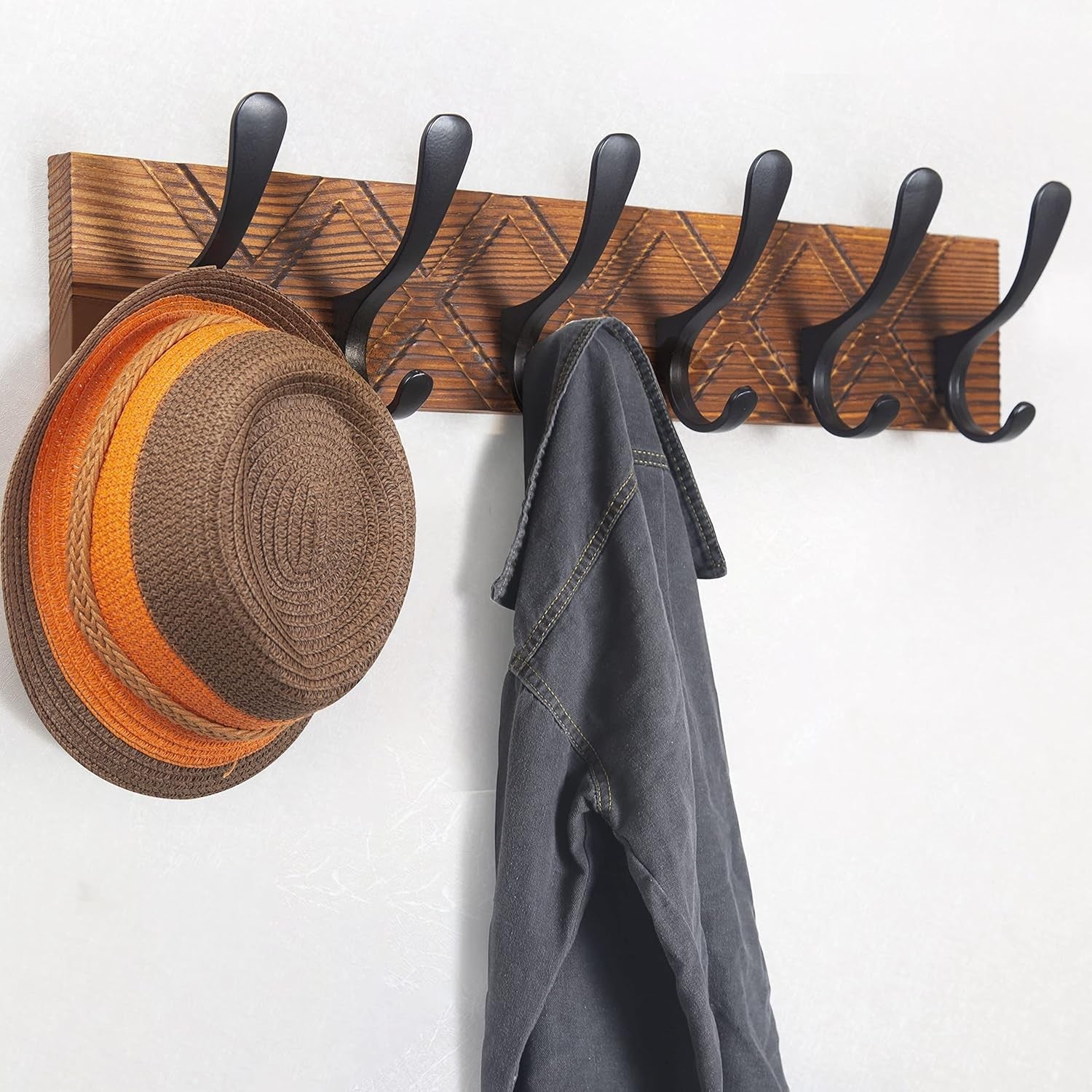 Antique Wall Coat Rack Set | 2x 6 Hook Wooden Hanger Racks Brown & Black
