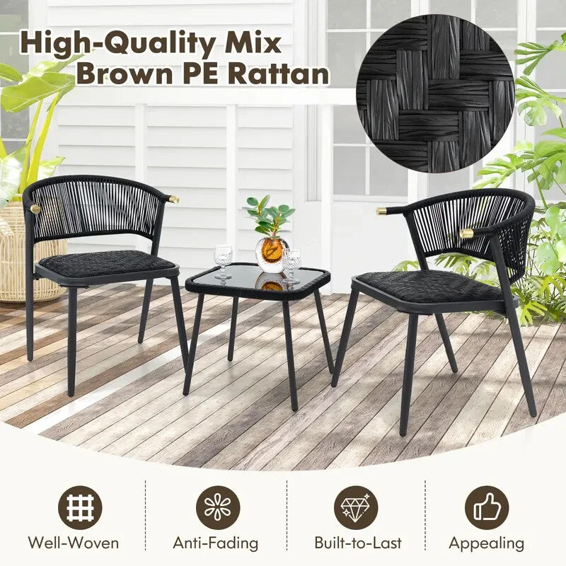 3pc Rattan Garden Bistro Set Black Chairs & Glass Coffee Table Patio Set