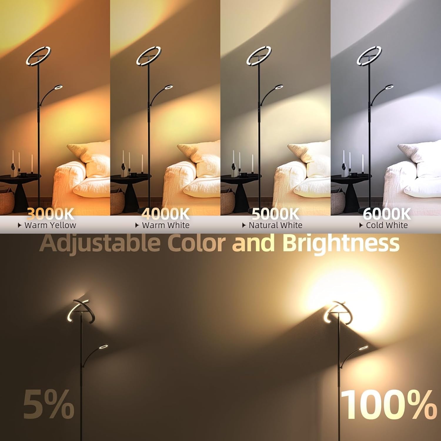 Dimmable Uplighter Floor Lamp LED Reading Light Remote Touch Control