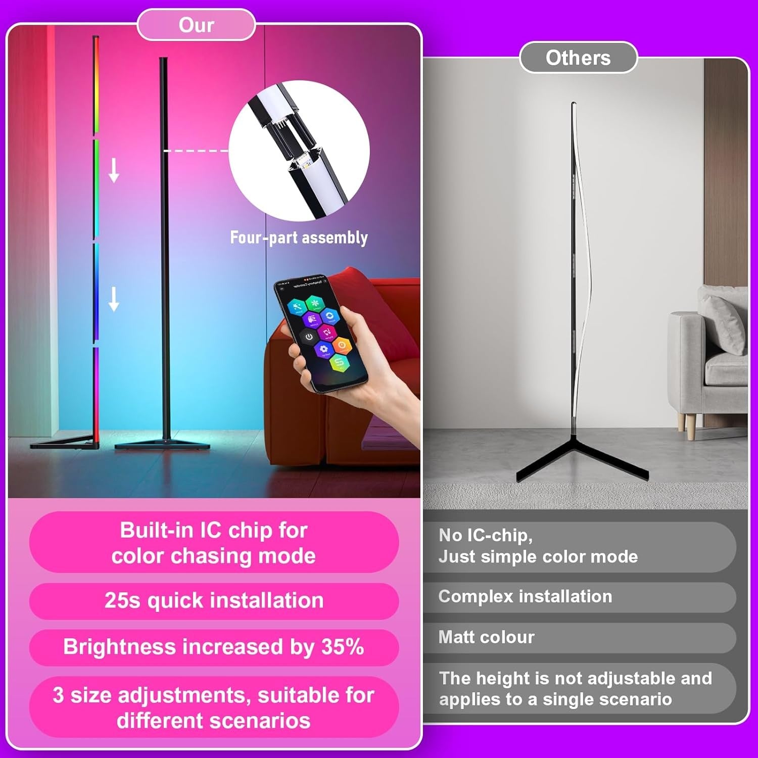 RGB Corner Floor Lamp Smart LED App Remote Music Sync Gaming Room Light
